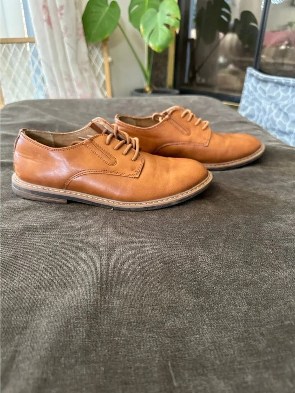 Kenneth Cole Kids Cognac Tan Faux Leather Oxford Lace-Up Shoes Man Made